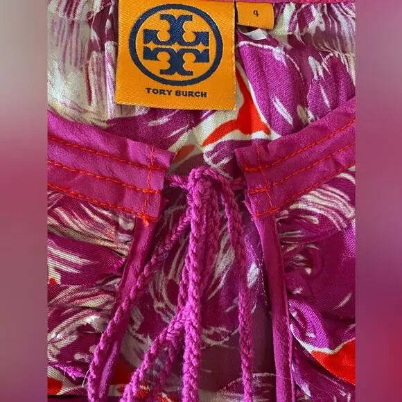 Tory Burch Sz 4 Gwenna Deep Pink Floral Keyhole Oval Ruffled front Tie front - Picture 13 of 14